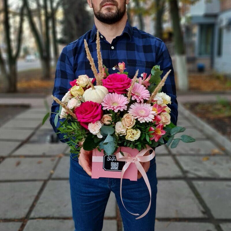 Ящичек  осенний с тыквой (розово-белый)